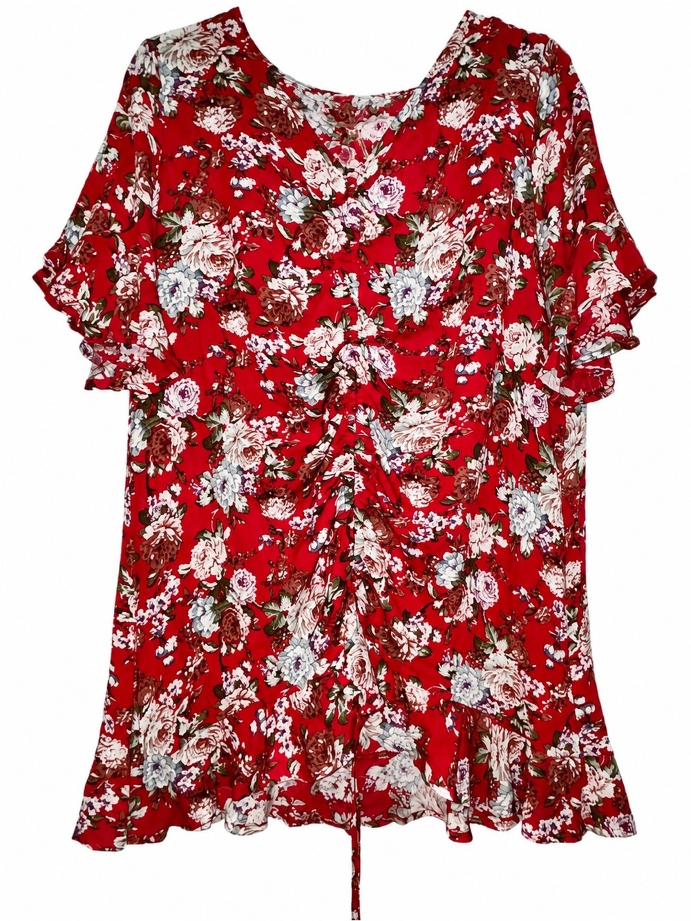 Easel Los Angeles Red Floral Flutter Sleeve Tie Front Tunic Top Medium Boho Rayo
